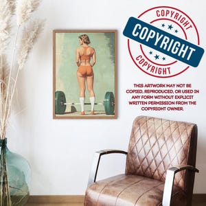 May include: A vintage style poster featuring a woman in a red and white swimsuit lifting a barbell. The poster has a blue and green background and the text "COPYRIGHT" is printed in red, white, and blue.