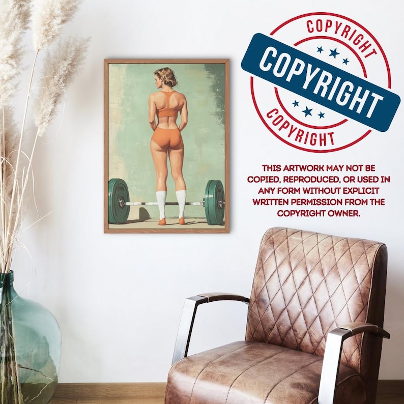 May include: A vintage style poster featuring a woman in a red and white swimsuit lifting a barbell. The poster has a blue and green background and the text "COPYRIGHT" is printed in red, white, and blue.