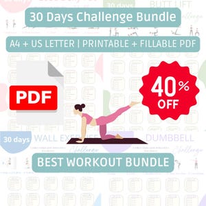 Peut inclure: Un pack de s&eacute;ances d'entra&icirc;nement imprimable avec des d&eacute;fis de 30 jours pour les exercices muraux et les halt&egrave;res. Le pack comprend un t&eacute;l&eacute;chargement PDF et est &agrave; 40% de r&eacute;duction. L'image montre une femme faisant une pose de yoga sur un tapis.