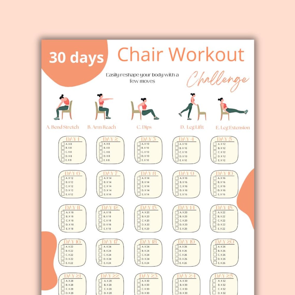 30 Day Chair Workout Challenge Printable | Chair Yoga Guide | 10 Mins ...