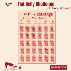 Puede incluir: Un desafío de entrenamiento de núcleo de 30 días con un esquema de color rosa y blanco. La tabla incluye 30 ejercicios con instrucciones para cada día. Los ejercicios incluyen saltos de jacks, dips de tríceps, abdominales inversas, elevaciones de piernas y puentes de glúteos.