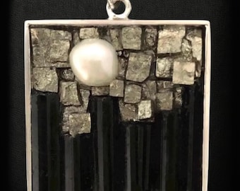 Contemporary Mosaic Pendant: Pearl, Pyrite & Tourmaline, Sterling Silver Chain