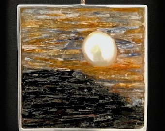 Unique Micro Mosaic Jewelry - Pearl and Kynite Gemstone Sunset Pendant