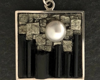 Unique Mosaic Pendant Jewelry - Handcrafted Gemstone Necklace, One of a Kind - Pearl, Pyrite and Tourmaline