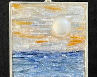 Unique Contemporary Mosaic Jewelry - Pearl, Kyanite and Selenite Micro Mosaic Pendant