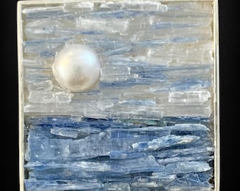 Landscape Micro Mosaic Pendant: Pearl, Kyanite, Selenite, Sterling Silver Chain