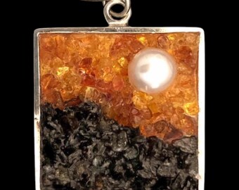 Landscape Micro Mosaic Pendant: Pearl, Amber, Carnelian, Labradorite, Sterling Silver Chain