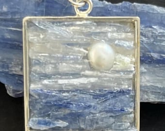 Unique Mosaic Jewelry - Pearl, Kyanite and Selenite Landscape Micro Mosaic Pendant