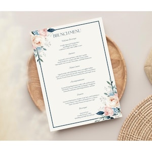Wydrukuj wiosenne kwiatowe menu brunchowe, konfigurowalne menu na formalne wydarzenia, wesela, prysznice, ekskluzywne spotkania lub specjalne okazje