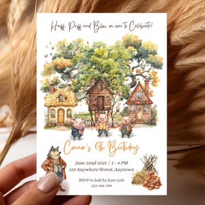 Editable Three Little Pigs Kids Birthday Party Invitation, 3 Little Pigs Invite, Fairytale Themed Birthday, Big Bad Wolf, Girl or Boy Party