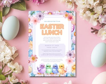 Editable Easter Lunch Brunch Invitation, Easter Party Invite, Easter Eggs, Colorful Baby Chicks, Easter Bunny, Easter Family Gathering