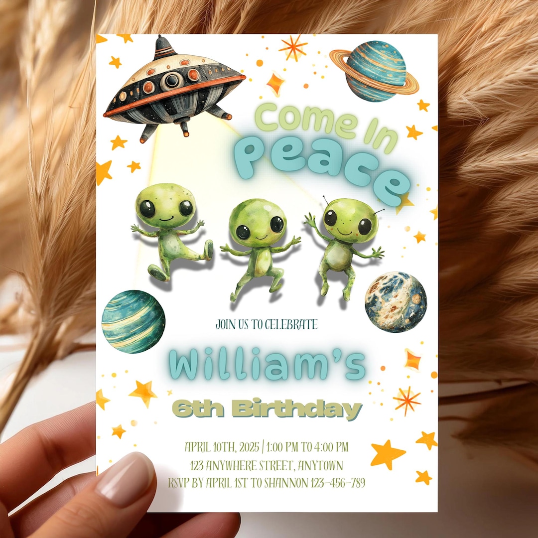 Editable Space Alien Kids Birthday Party Invitation, Kids Birthday ...
