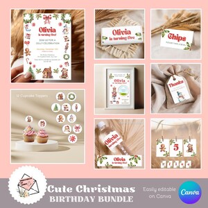 May include: A printable Christmas birthday party bundle with a red and green color scheme. The bundle includes a welcome sign, cupcake toppers, favor tags, water bottle labels, and a banner. The design features a nutcracker, gingerbread man, and other Christmas elements.