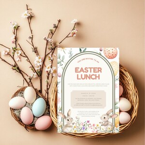 May include: A white and green Easter lunch invitation with a floral border and two bunnies. The invitation reads "You are invited to an Easter Lunch" and includes the date, time, and location of the event.
