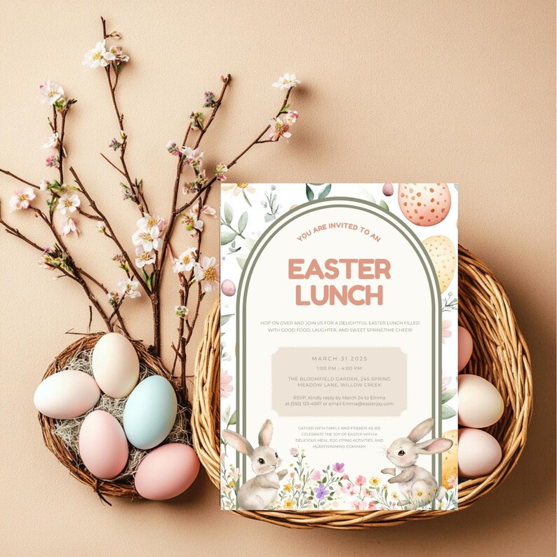May include: A white and green Easter lunch invitation with a floral border and two bunnies. The invitation reads "You are invited to an Easter Lunch" and includes the date, time, and location of the event.