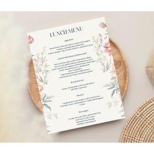 Eleganckie, drukowane, wiosenne, kwiatowe menu lunchowe, konfigurowalny szablon formalnego menu, wesela, prysznice, ekskluzywne spotkania lub specjalne okazje