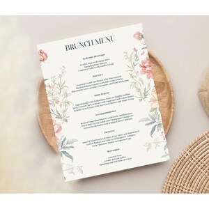 Wydrukuj Eleganckie Kwiatowe Menu Brunchowe, Dostosowywalne Menu na Formalne Wydarzenia, Wesela, Prysznice, Ekskluzywne Spotkania lub Specjalne Okazje