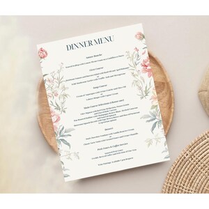 Eleganckie, drukowane, wiosenne, kwiatowe, formalne menu obiadowe, edytowalny szablon, idealne na wesela, gale, ekskluzywne spotkania lub specjalne okazje