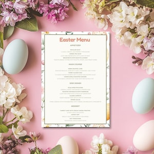 Plantilla de menú de almuerzo de Pascua editable, brunch de Pascua, menú de recepción de Pascua, menú de reunión familiar de Pascua, descarga instantánea, Canva