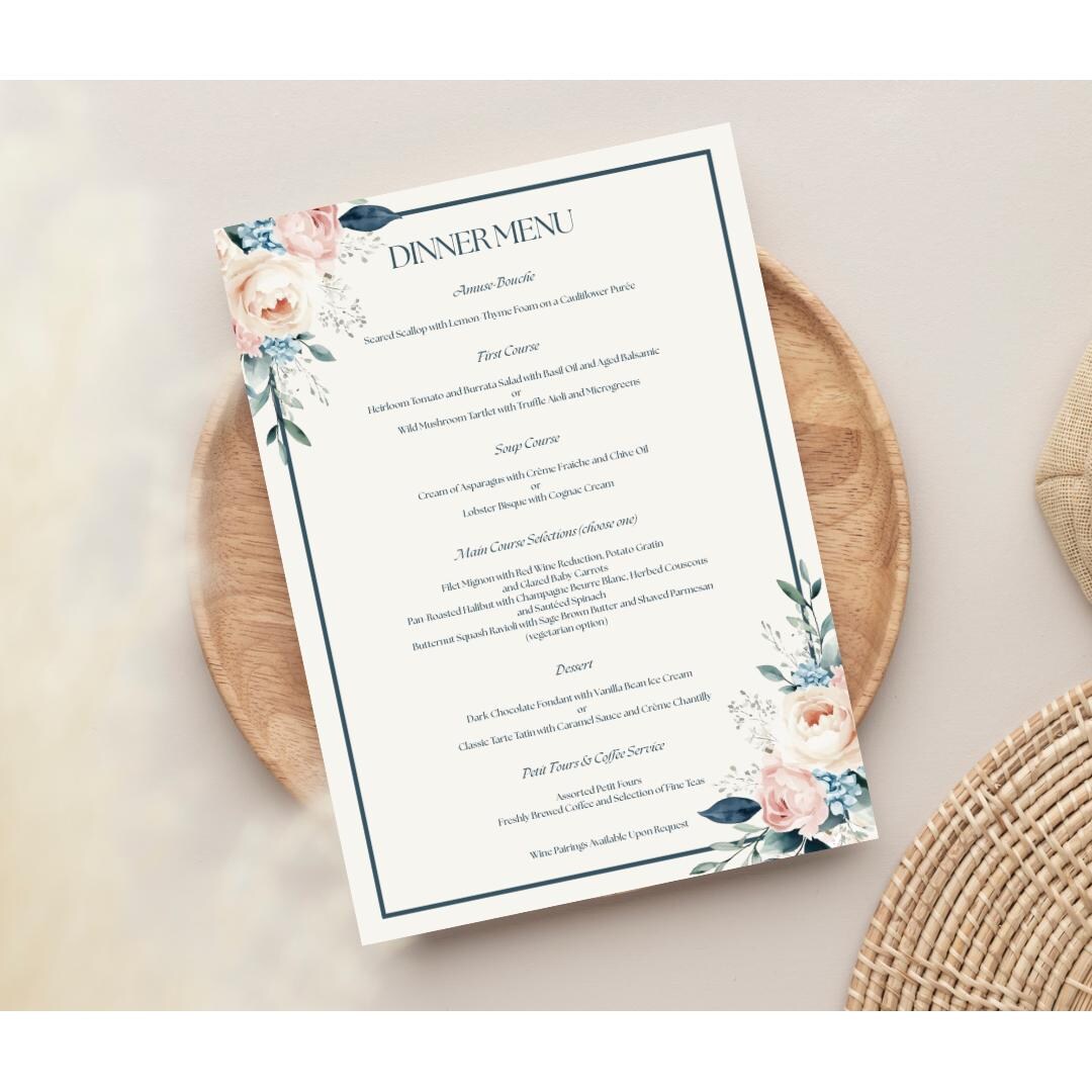 Elegant Printable Spring Floral Formal Dinner Menu, Editable Template ...