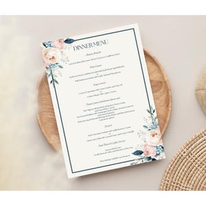 Eleganckie, drukowane, wiosenne, kwiatowe, formalne menu obiadowe, edytowalny szablon, idealne na wesela, gale, ekskluzywne spotkania lub specjalne okazje