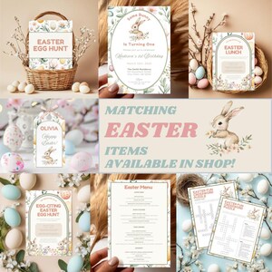 May include: A set of printable Easter party decorations featuring a bunny rabbit, eggs, flowers, and the text "Some Bunny Is Turning One", "Easter Egg Hunt", "Easter Lunch", "Matching Easter Items Available in Shop!" and "Egg-Citing Easter Egg Hunt".