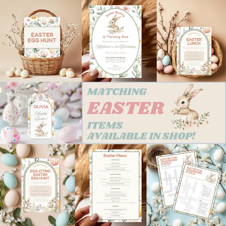 May include: A set of printable Easter party decorations featuring a bunny rabbit, eggs, flowers, and the text "Some Bunny Is Turning One", "Easter Egg Hunt", "Easter Lunch", "Matching Easter Items Available in Shop!" and "Egg-Citing Easter Egg Hunt".