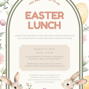 May include: An invitation to an Easter lunch with bunnies, flowers, and eggs. The event is on March 31, 2025, from 1:00 PM to 4:00 PM at The Bloomfield Garden, 245 Spring Meadow Lane, Willow Creek. RSVP by March 24 to Emma at (555) 123-4567 or email Emma@easterjoy.com.