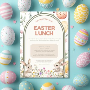 May include: An invitation to an Easter lunch with bunnies, flowers, and eggs. The invitation is for March 31, 2025, at 1:00 PM to 4:00 PM at The Bloomfield Garden, 245 Spring Meadow Lane, Willow Creek. RSVP by March 24 to 0000-03-4567 or email Emma@starjoy.com.