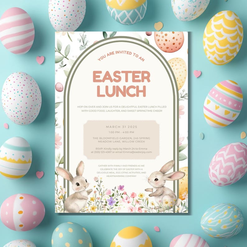 May include: An invitation to an Easter lunch with bunnies, flowers, and eggs. The invitation is for March 31, 2025, at 1:00 PM to 4:00 PM at The Bloomfield Garden, 245 Spring Meadow Lane, Willow Creek. RSVP by March 24 to 0000-03-4567 or email Emma@starjoy.com.