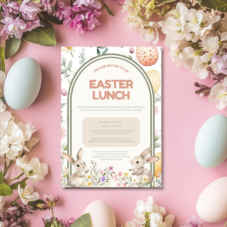 May include: A pastel pink invitation with a watercolor floral border and a green archway. The invitation reads "You are invited to an Easter Lunch" with the date and time of the event. The invitation also includes the address of the event and a bunny rabbit illustration.