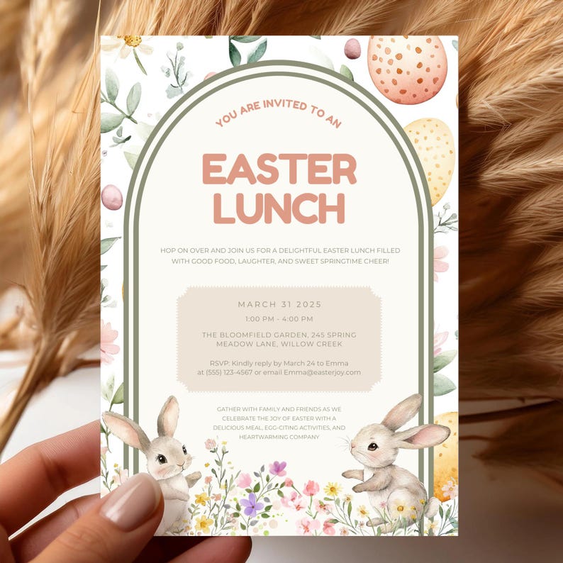 May include: A pastel pink and green invitation card with a watercolor illustration of bunnies and eggs. The text reads "You are invited to an Easter Lunch" and includes details about the event, including the date, time, and location.