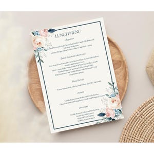 Eleganckie, drukowane, wiosenne, kwiatowe menu lunchowe, konfigurowalny szablon formalnego menu, wesela, prysznice, ekskluzywne spotkania lub specjalne okazje