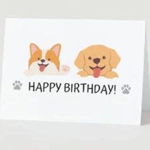AFDRUKBARE Verjaardagskaart hond, gelukkige verjaardag, schattig, lab, Corgi, schattig, puppy's, pootafdrukken