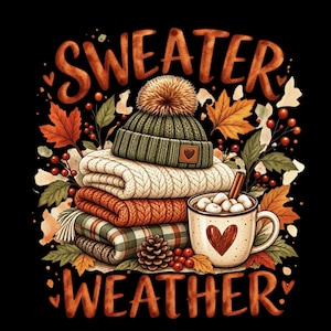 May include: A graphic illustration featuring the text SWEATER WEATHER with a stack of folded knit sweaters, a green beanie with a pom-pom, a mug of hot cocoa with marshmallows, pinecones, red berries, and autumn leaves on a black background.