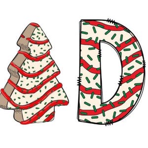 May include: A festive graphic featuring the word "DAD" spelled out with two letter "D" cookies and two Christmas tree-shaped cookies. The cookies have a beige base, red icing stripes, and green sprinkles, perfect for holiday celebrations.