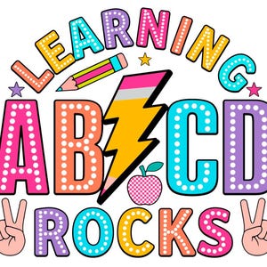 May include: Colorful graphic with the text "Learning ABCD Rocks" in a playful font. The letters are outlined with white dots and the graphic includes a yellow lightning bolt, a red pencil, and a red apple with a white and pink checkered pattern.