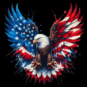Könnte beinhalten: Ein Weißkopfseeadler mit ausgebreiteten Flügeln, die die Form der amerikanischen Flagge bilden. Die Federn des Adlers sind in Rot, Weiß und Blau gehalten und bilden ein patriotisches Design.