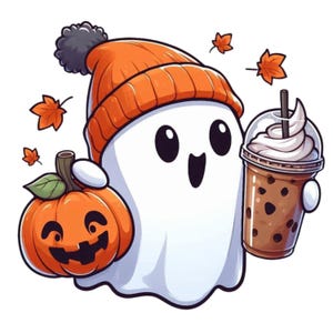 May include: A cartoon ghost wearing an orange knitted hat and holding a pumpkin and a cup of iced coffee with whipped cream.