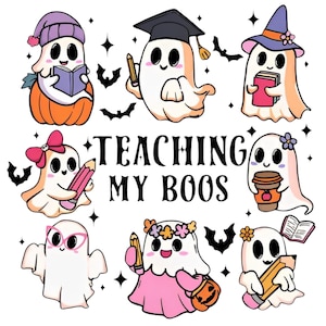 Puede incluir: Un fondo blanco con el texto "TEACHING MY BOOS" en negro. Hay nueve fantasmas de dibujos animados con diferentes accesorios y sosteniendo varios objetos, incluidos libros, lápices, tazas de café y una calabaza.