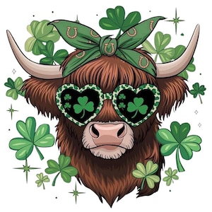 May include: A brown Highland cow with a green shamrock bandana and heart-shaped sunglasses with shamrock designs. The cow is surrounded by green shamrock leaves.