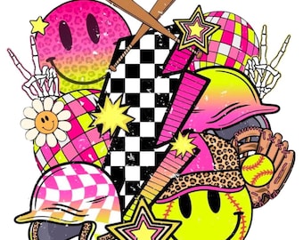 DIGITAL DOWNLOAD - PNG - Instant - Sublimation, Retro Softball, Softball, Sports, Player, Parent, Coach, cool, helmet, bat, disco, flower