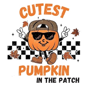 Puede incluir: Una calabaza de dibujos animados con gafas de sol y una gorra de béisbol, con el texto "CUTEST PUMPKIN IN THE PATCH" debajo. La calabaza está de pie sobre un fondo a cuadros con hojas que caen.