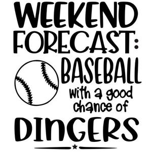 May include: A black and white graphic with the text "WEEKEND FORECAST: BASEBALL with a good chance of DINGERS". A baseball is also featured in the design.