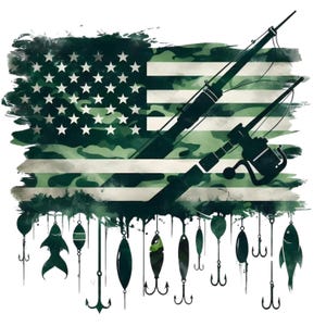 Könnte beinhalten: Eine grün-weiß-schwarze amerikanische Flagge mit Tarnmuster. Zwei Angelruten sind über der Flagge gekreuzt, und Angelköder hängen am unteren Ende der Flagge.