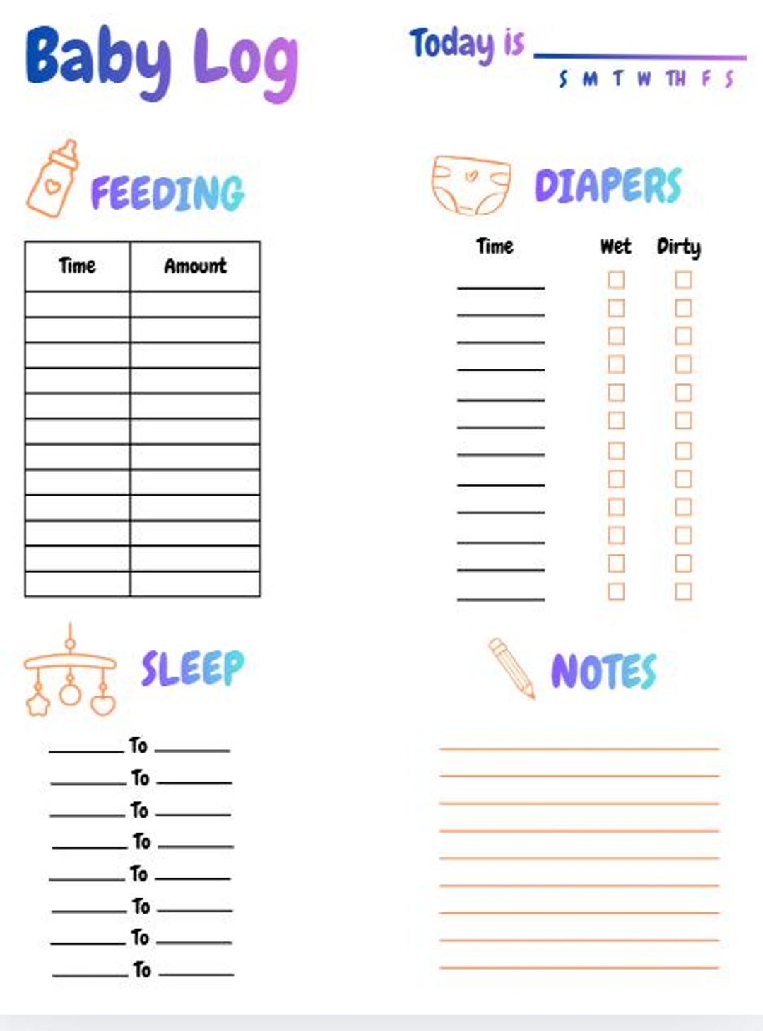 Baby Chart Write In Instant Download Only - PDF Download - Printable Newborn Baby Log ...