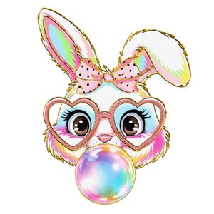 May include: A cartoon bunny with pink and blue heart-shaped glasses and a pink bow with black polka dots blows a rainbow bubble.