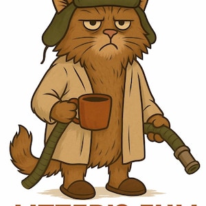 May include: A cartoon illustration of a grumpy-looking cat wearing a green hat and robe, holding a mug and a hose. The text "LITTER'S FULL" is displayed in brown letters at the bottom of the image.