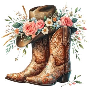 May include: A pair of brown cowboy boots with intricate floral patterns, adorned with a brown cowboy hat and a bouquet of pink, white, and blue flowers.