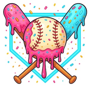 May include: A whimsical illustration featuring a baseball with red stitching, crossed with two wooden baseball bats. The baseball and bats are adorned with dripping pink and blue frosting, decorated with colorful sprinkles, set against a light blue home plate outline.